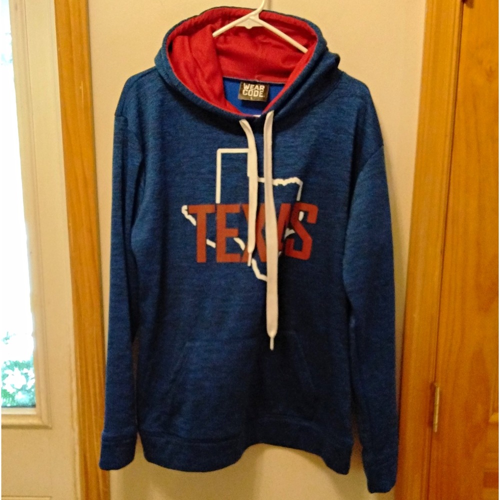 Wear Code Men's L Blue Fleece Pullover Hoodie Texas Graphic Red Lined Hood